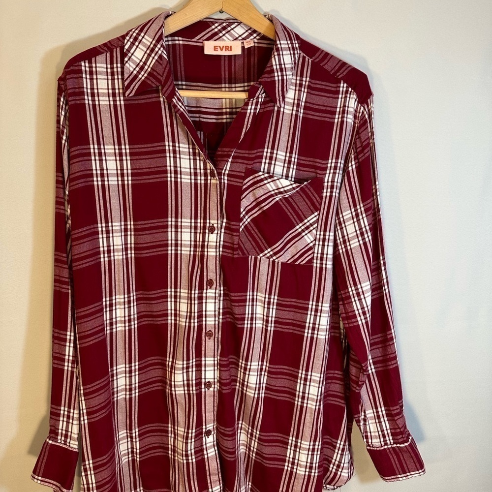 EVRI Long Sleeve Button Up Boyfriend Shirt Plaid Checker Stripe Blouse Boho OX